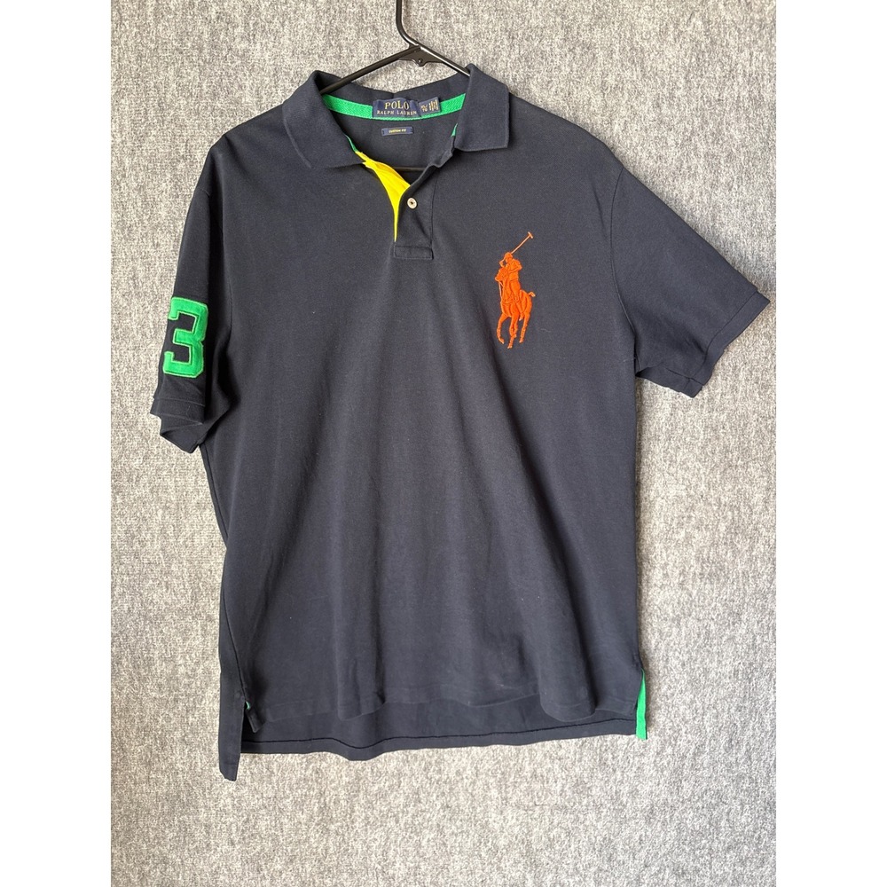 Polo Ralph Lauren Mens XL‎ Custom Fit Big Pony Polo Shirt Navy Blue Orange Green